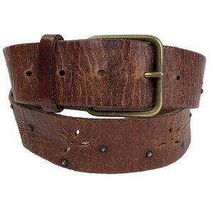 American Eagle AEO VTG Brown Distressed Leather Belt Studs Cut Outs 1.25" Size L